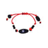 A bracelet named the "Genuine Azabache Bracelet for Baby" features an adjustable red cord adorned with black and red beads, centered around an Azabache bead that displays a blue and white Evil Eye design for spiritual protection.